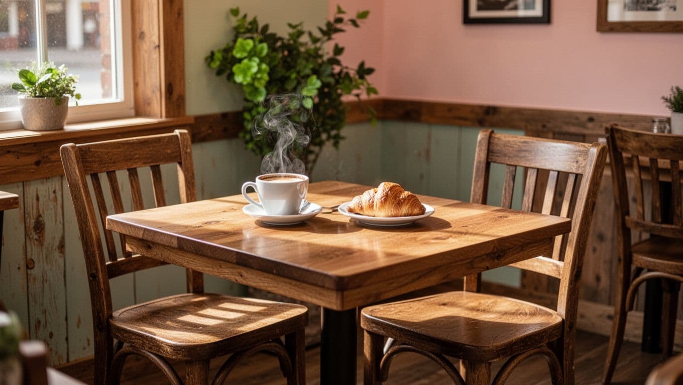 Small-town cafe interior with wooden tables and chairs, centered on a well-lit table under 'Local Flavors' banner.