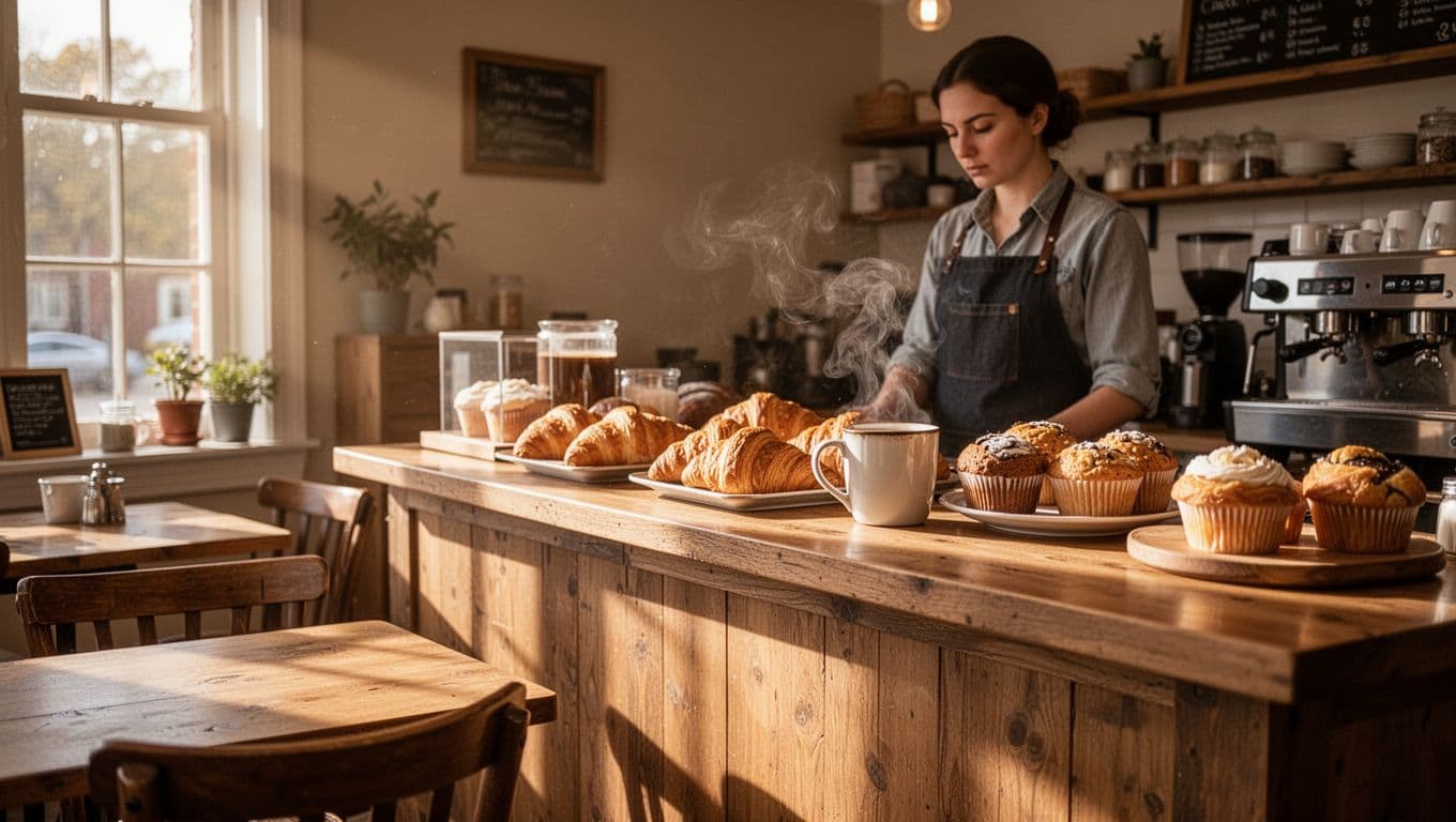 Green top band reads 'Webb Cafe Pick' over cafe with pastries on counter, steaming coffee mug, barista, wooden tables, and morning light through window.