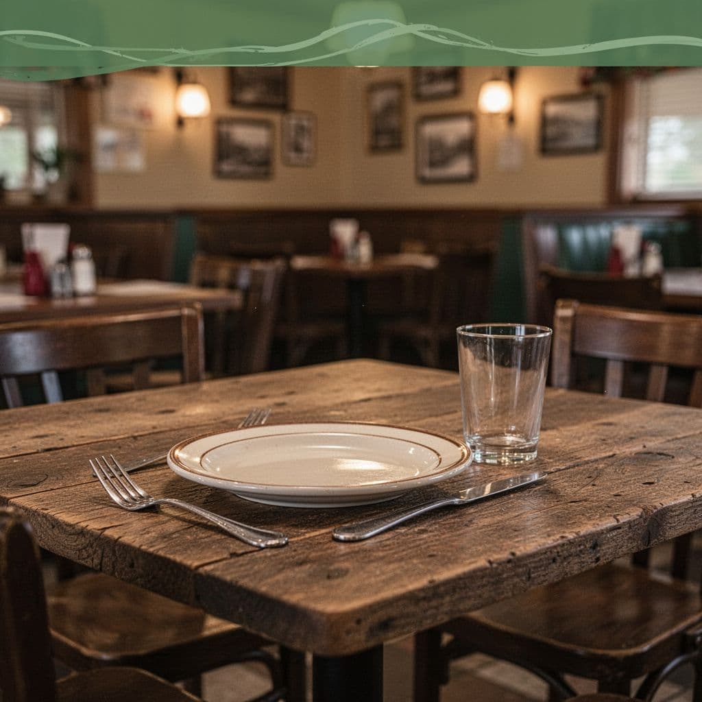 Rustic wooden table set for one in cozy Wedowee restaurant with warm lighting and blurred diner background, green Local Eats band at top.