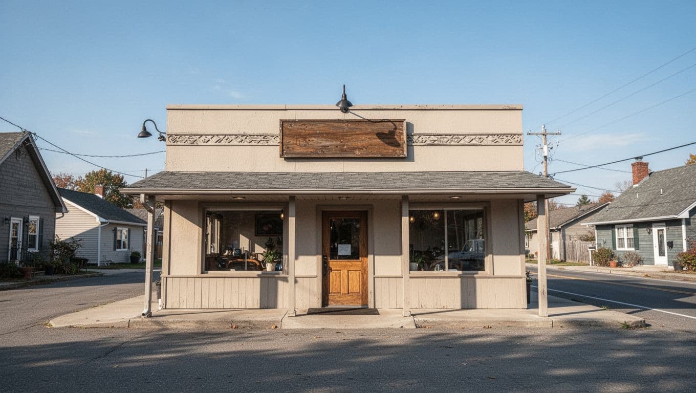 A quaint roadside restaurant under a clear blue sky features a wooden sign and welcoming facade.