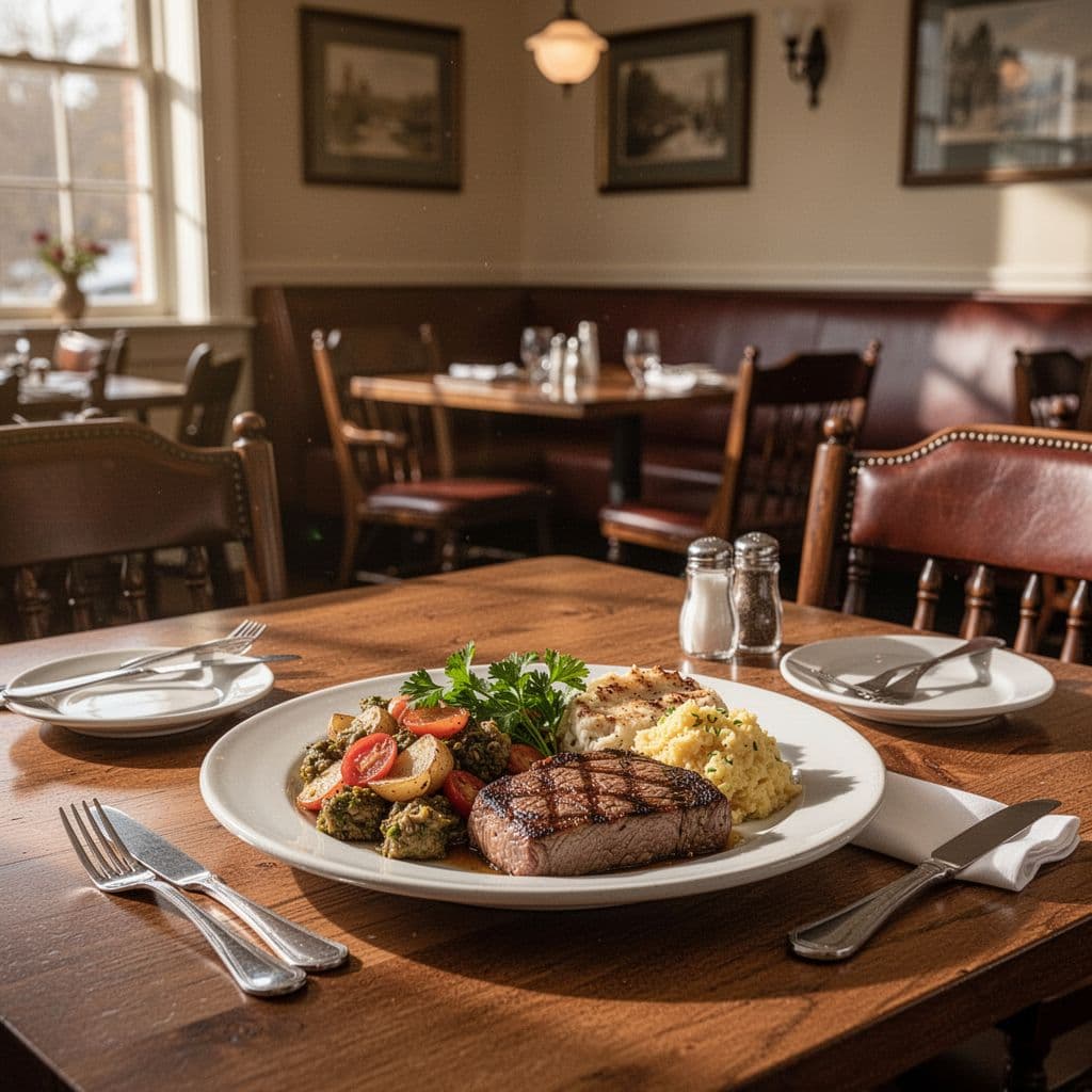 A neatly set table with home-style food in a warm, sunlit Southern restaurant interior.