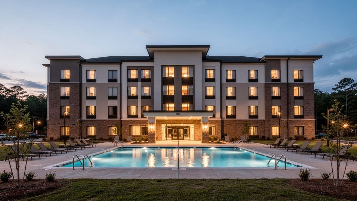 Green top banner reads 'Wetumpka Hotels' above evening exterior of Wind Creek Casino hotel with lit pool in front.