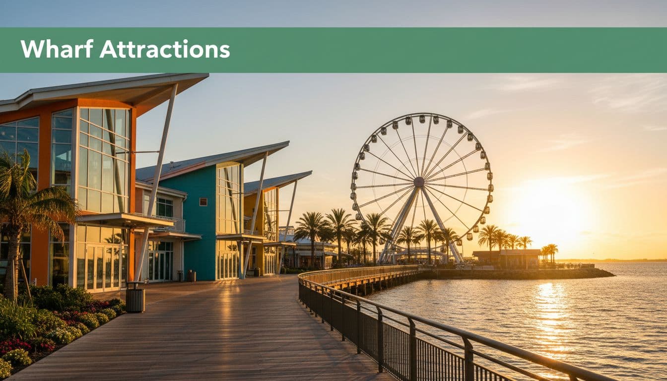 A vibrant entertainment district features a towering ferris wheel under warm afternoon sunlight by the bay.