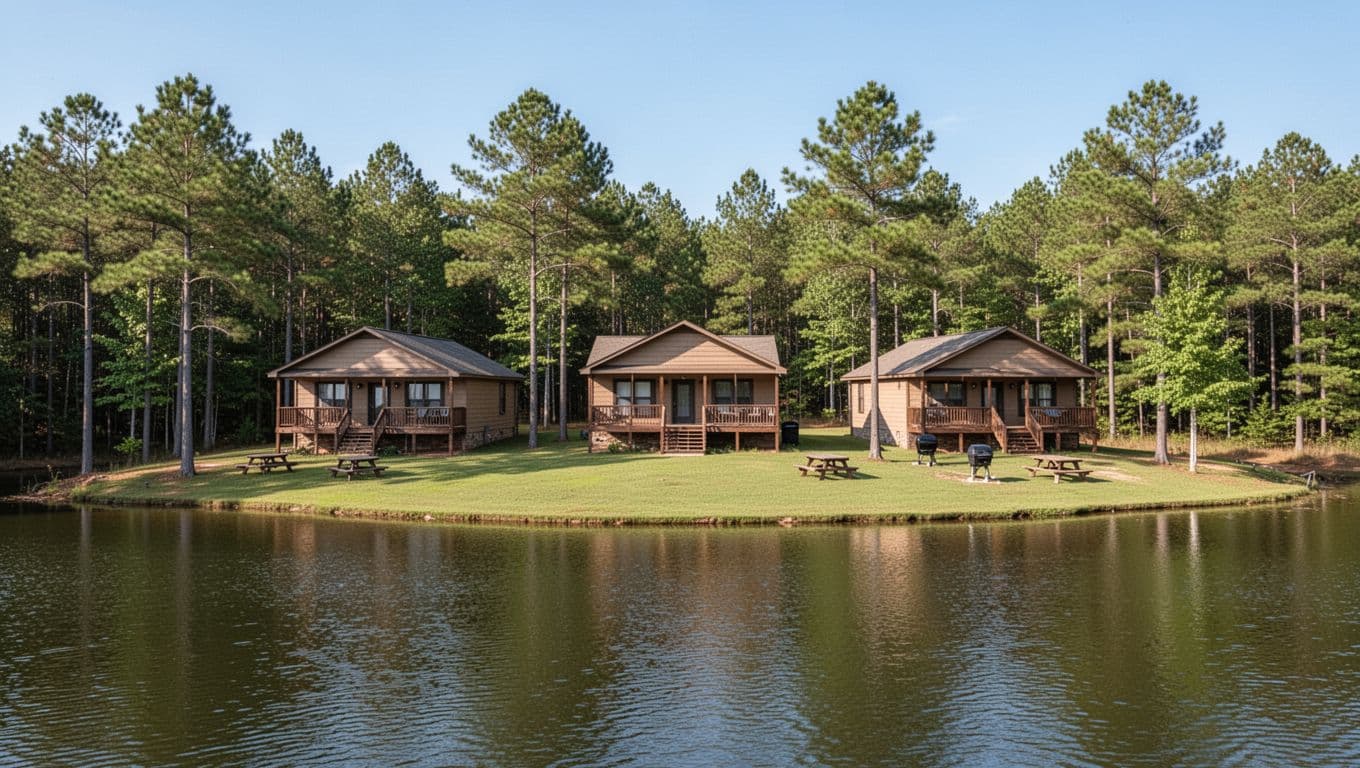 Green band with 'Lake Cabins' headline tops three waterfront split-level cabins on calm Wilson Lake amid pine and hardwood trees.