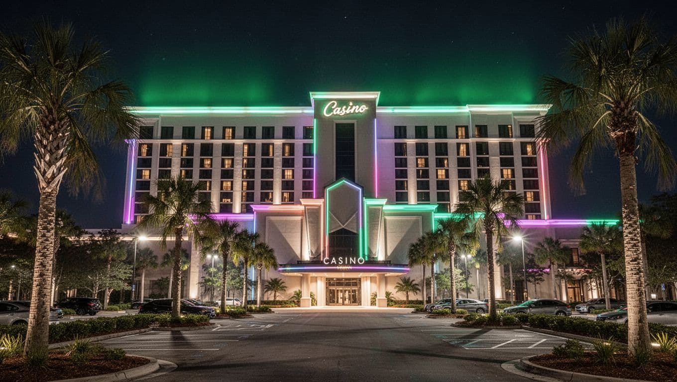 Green 'Casino Hotel' banner tops upscale casino resort exterior at night with neon lights and palm trees.