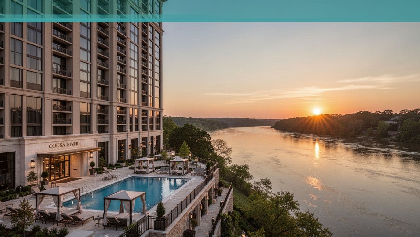 Wind Creek Wetumpka hotel tower on Coosa River at dusk with pool deck, cabanas, spa entrance, and top Casino Escape banner.