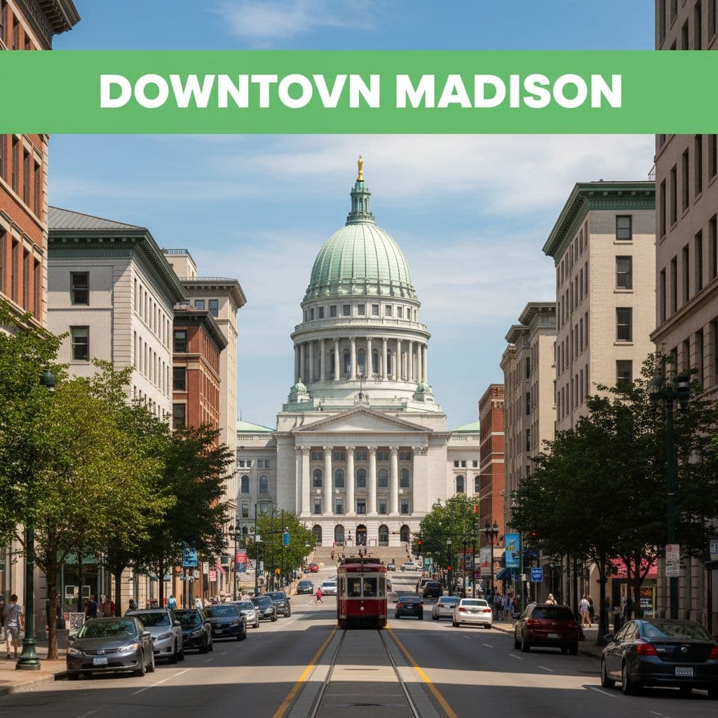 The Wisconsin State Capitol building stands at the end of a busy downtown street in Madison.
