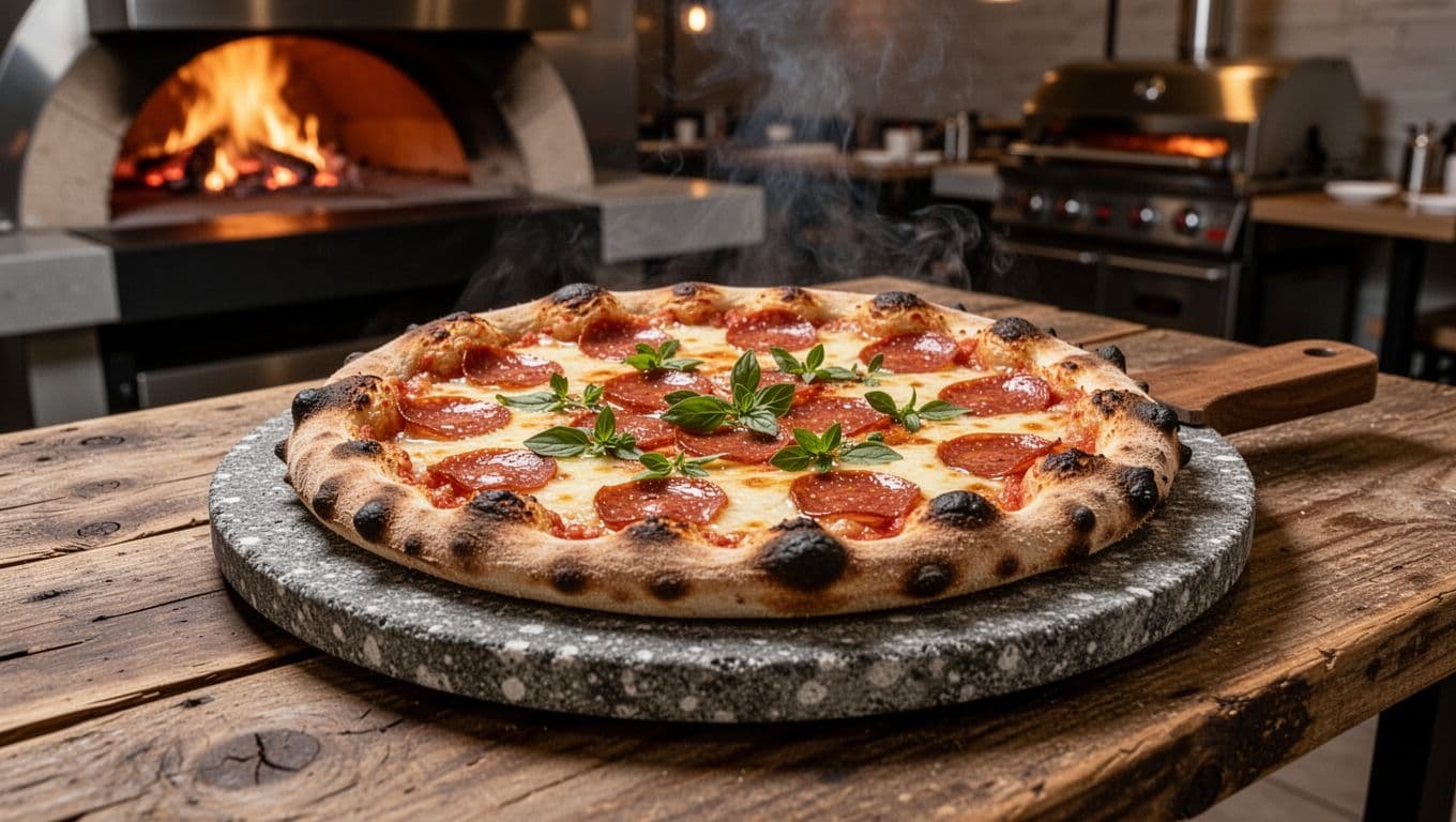 Wood-fired pizza with melted cheese, pepperoni, and herbs on stone oven tray atop rustic wooden table.