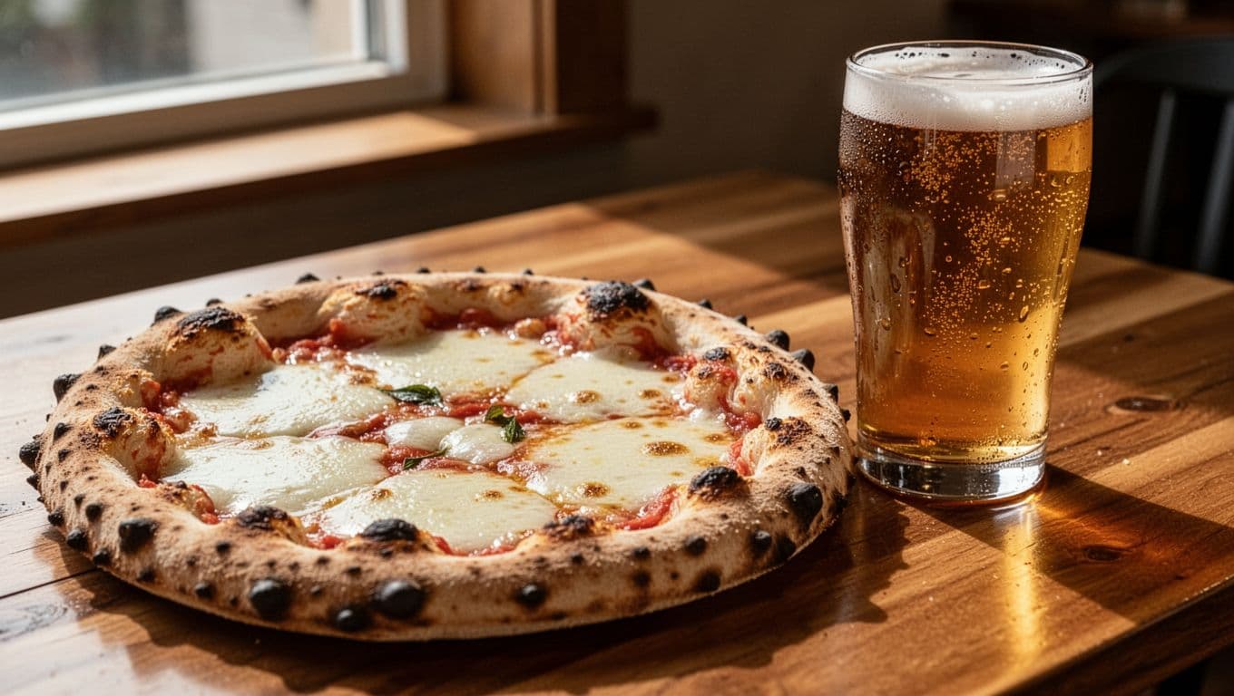 Close-up of classic wood-fired pizza and cold craft beer glass on wooden table with Local Flavor headline at top.