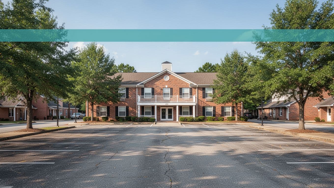 Brick chain hotel exterior in small Alabama town with empty parking lot foreground, trees, blue sky, and green top band reading 'Nearby Stays'.