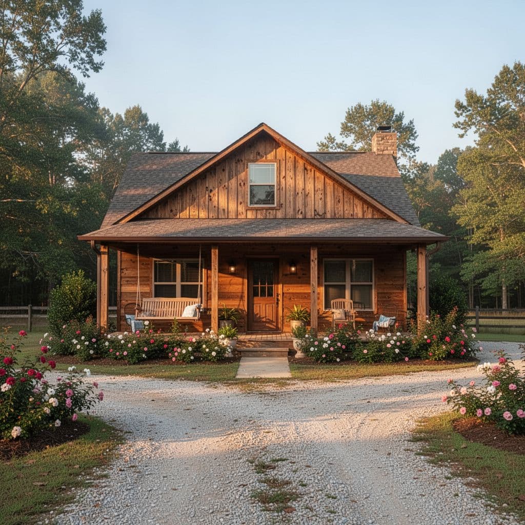 Charming wooden house with porch swing, flower beds, gravel driveway under clear sky, green top band with 'Local B&Bs' headline.