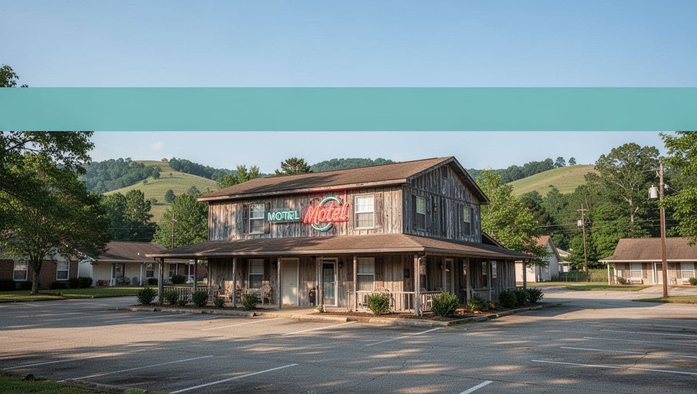 Two-story motel with neon sign and empty parking lot amid green hills under blue sky, green 'WOODVILLE HOTELS' banner at top.