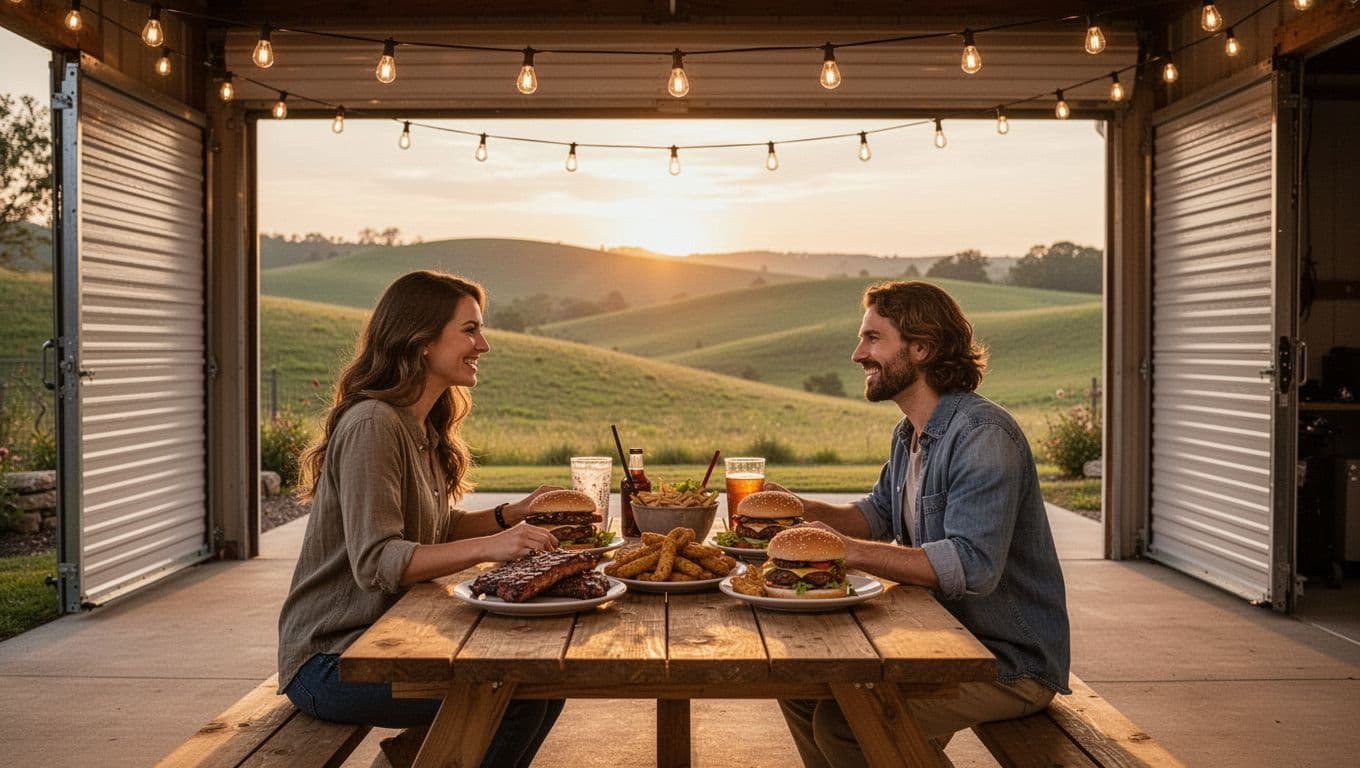Green banner with 'Woody's Grill' tops outdoor patio with picnic table of ribs, burgers, okra, seated couple, open garage doors, string lights, hills at sunset.
