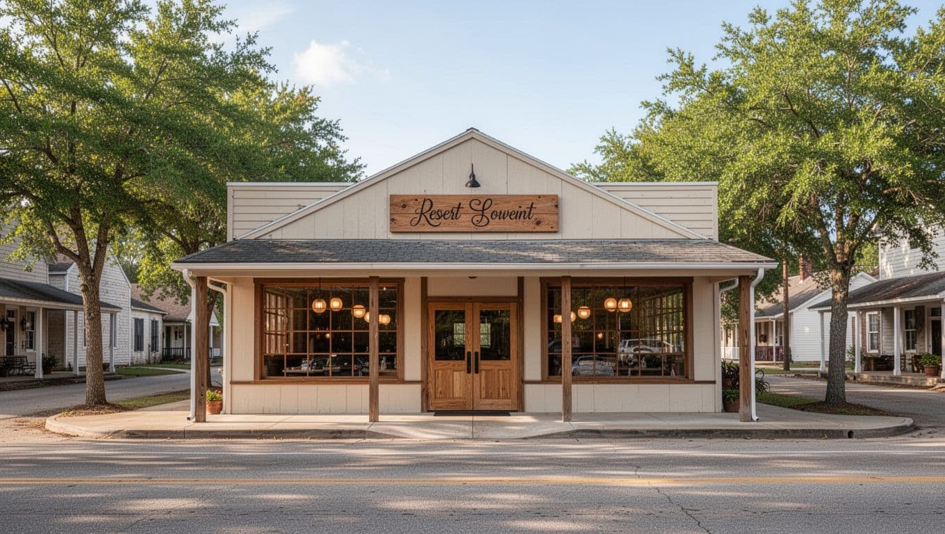 Zack's single-story restaurant facade on quiet rural street, green top banner 'Local Gem', large glowing windows, sunny midday sky.