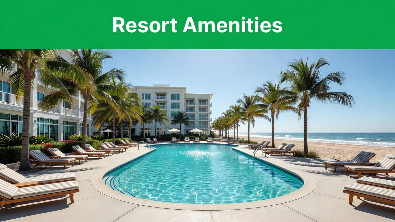 A sparkling turquoise swimming pool sits at a luxury hotel, framed by swaying palm trees and empty lounge chairs on a deck. A bold green banner features white text above.