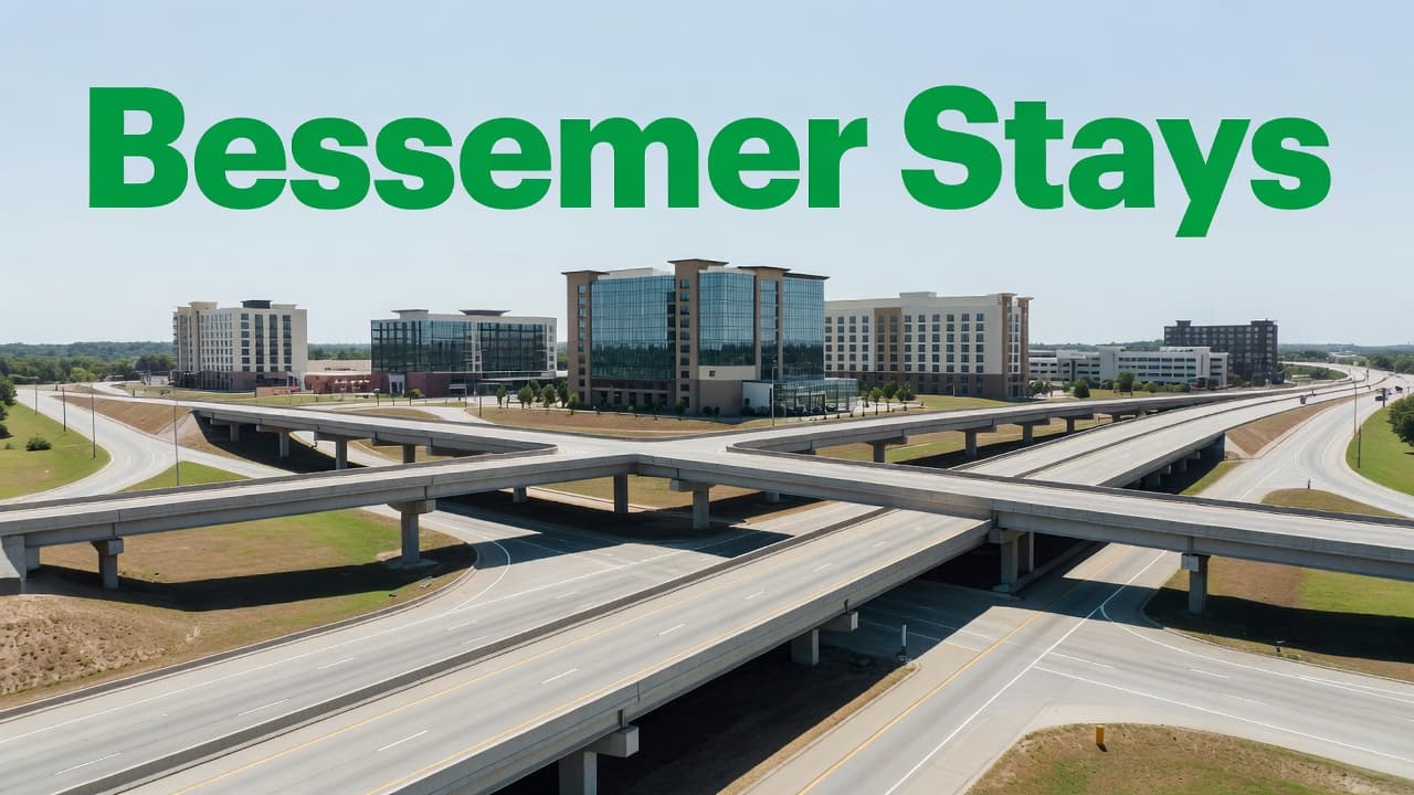 An aerial perspective shows a multi-lane highway interchange near several modern hotels in Bessemer. A prominent green banner with bold white text overlays the top portion of the frame.