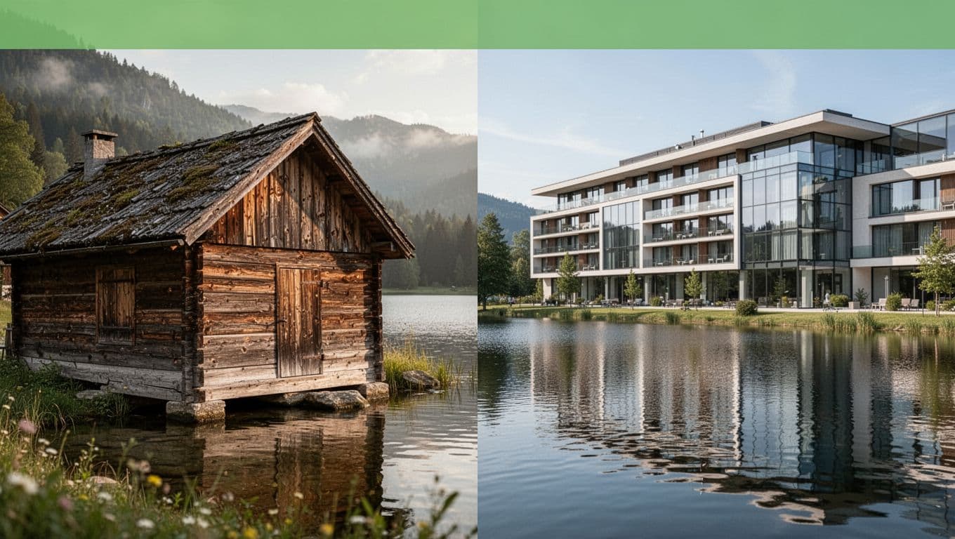 A split-screen view features a rustic wood cabin on the left and a contemporary hotel facade on the right, both positioned near water under a green header labeled Lodging Styles.