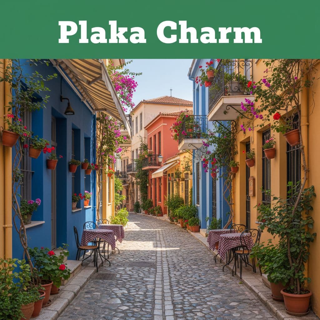 Vibrant buildings in shades of pastel line a narrow cobblestone pathway in Athens, accented by overflowing flower boxes and empty wooden bistro chairs arranged neatly outside a local neighborhood cafe.