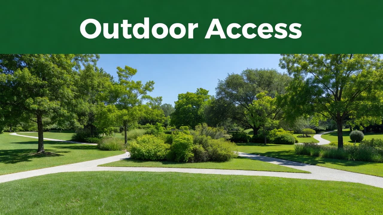 A vibrant public park features expansive green lawns and winding paved walking paths under a brilliant sunlit sky. A geometric banner at the top clearly displays the phrase Outdoor Access.