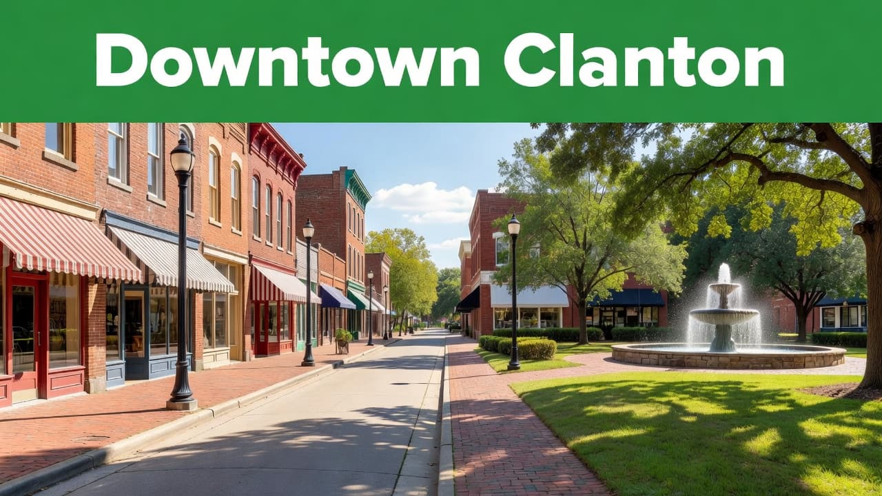 Historic brick facades line the sidewalk while a central park features a flowing water fountain under the bright sun. The scene is labeled with a clean green banner headline overhead.