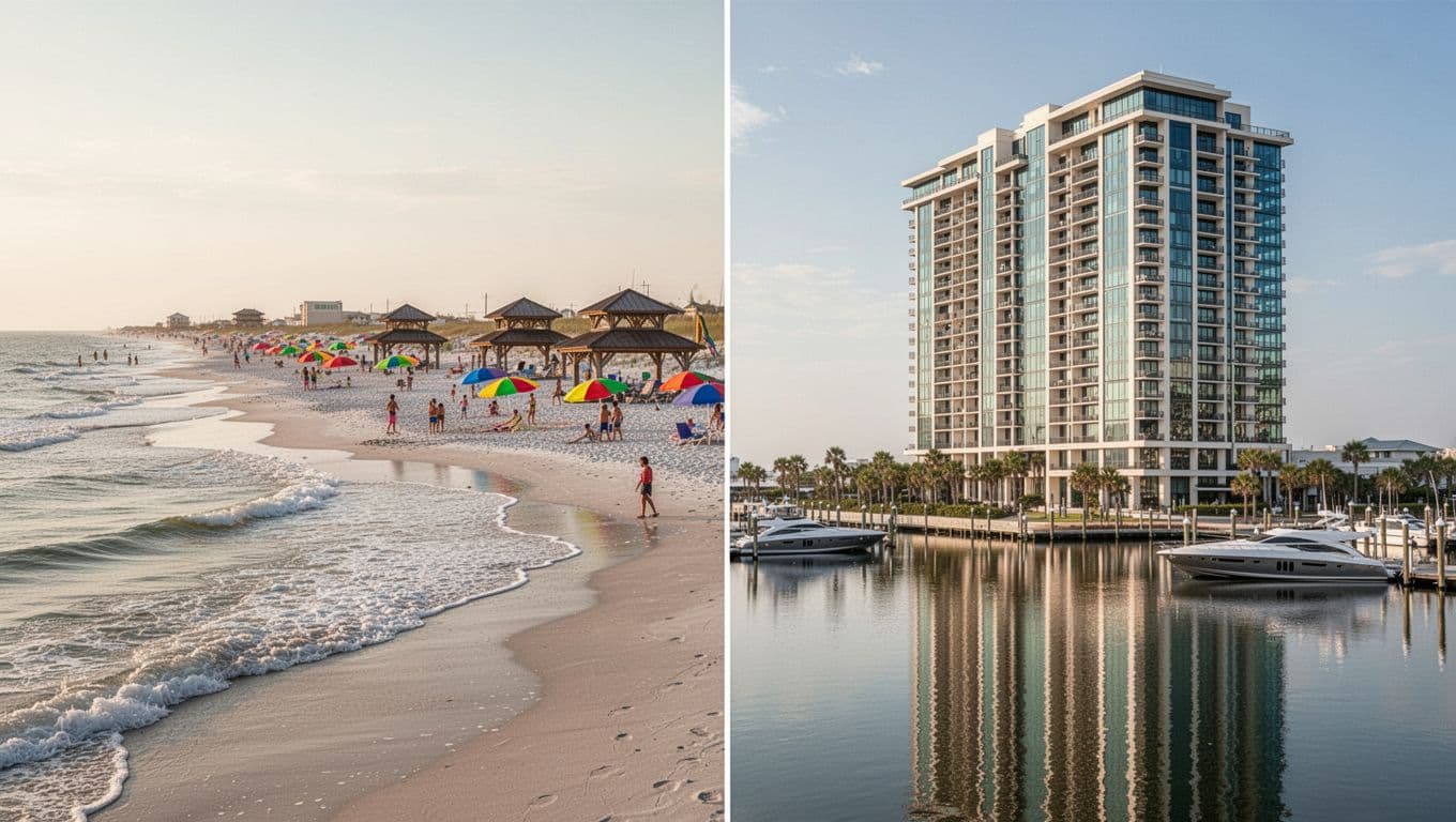 A split-screen graphic features a vibrant green banner reading Coastal Choice Guide at the top. The left panel shows a crowded beach with pavilions, while the right displays an upscale condo.