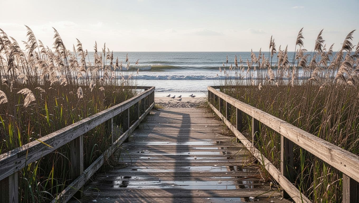 A wooden pathway winds through tall wild grasses towards the coastline, bathed in soft daylight. A vibrant green banner at the top features bold white lettering identifying the nature spot area.
