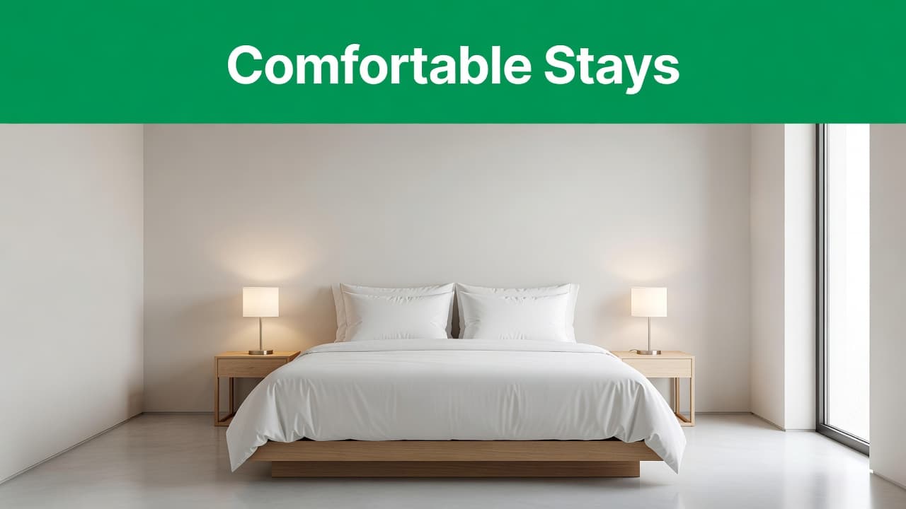 A pristine hotel suite features a neatly made bed with crisp white linens under soft, ambient lighting. A bold green stripe above the headboard displays clean, geometric white lettering for branding.