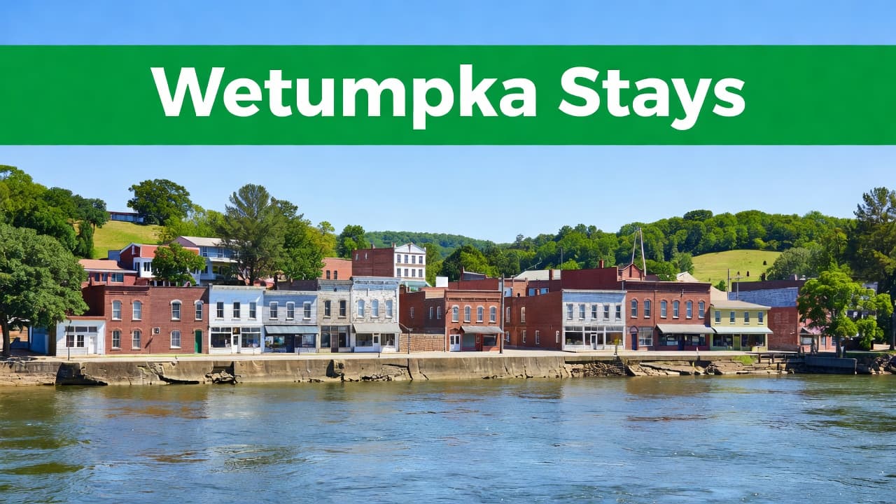 The tranquil Coosa River flows past the historic downtown architecture of Wetumpka, Alabama. A bold green banner featuring white sans-serif text occupies the upper portion of this scenic editorial landscape.