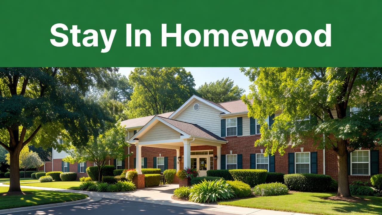 A charming hotel building sits nestled in a quiet, leafy suburban street under bright sunlight. The entrance features a welcoming walkway, while a green banner overhead displays the text Stay In Homewood.