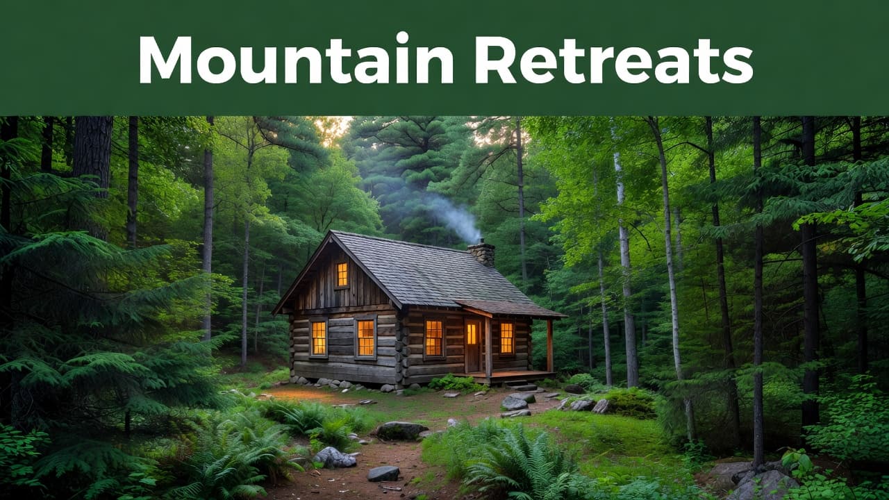 A quaint wooden cabin sits nestled within a dense green forest, glowing with warm indoor lights. A distinct horizontal green band across the top features white text labeling this mountain destination.