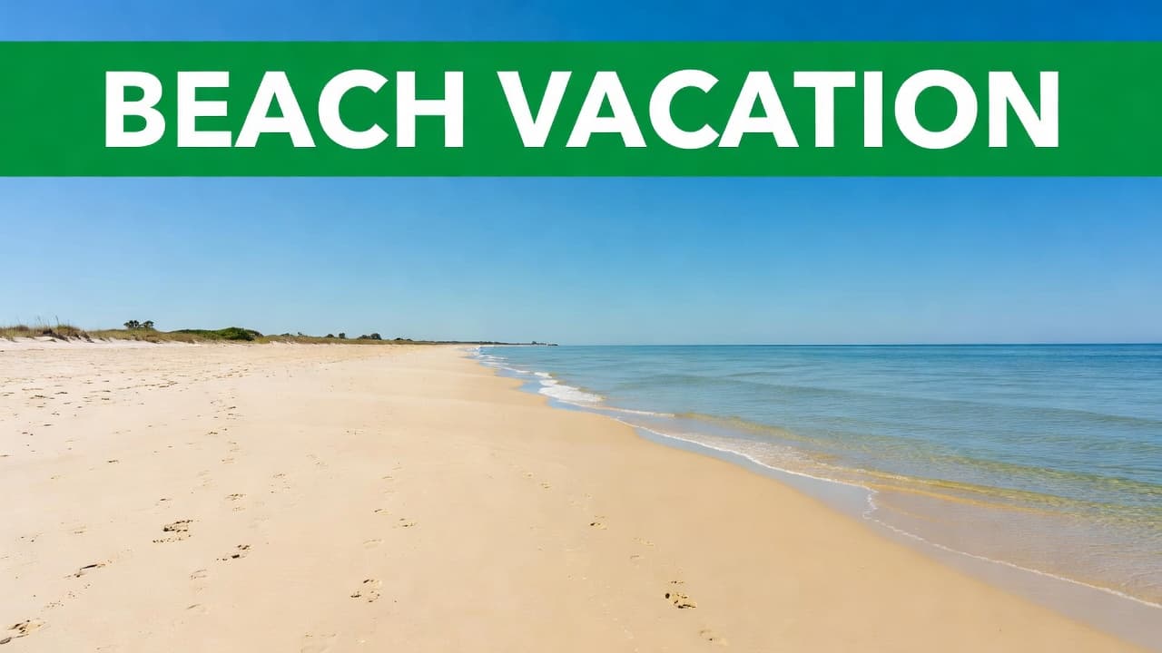Calm turquoise waves lap against the pristine sandy shores of Dauphin Island under a clear, vibrant sky. A bold green design element at the top displays white text announcing a vacation.