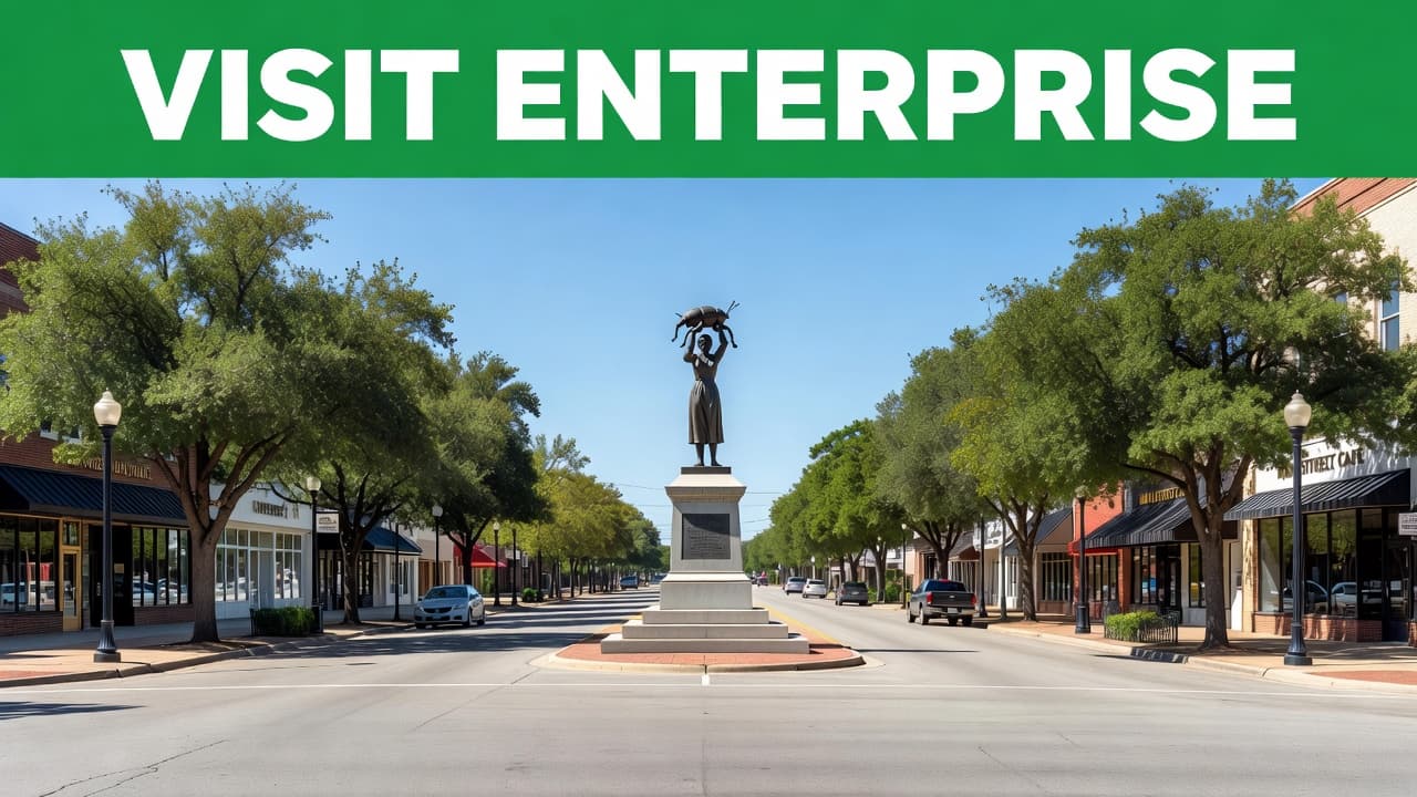 The historic Boll Weevil Monument stands prominently in the center of a sunny downtown intersection. Pedestrian sidewalks line the clean streets under a clear blue sky in this vibrant Southern town.
