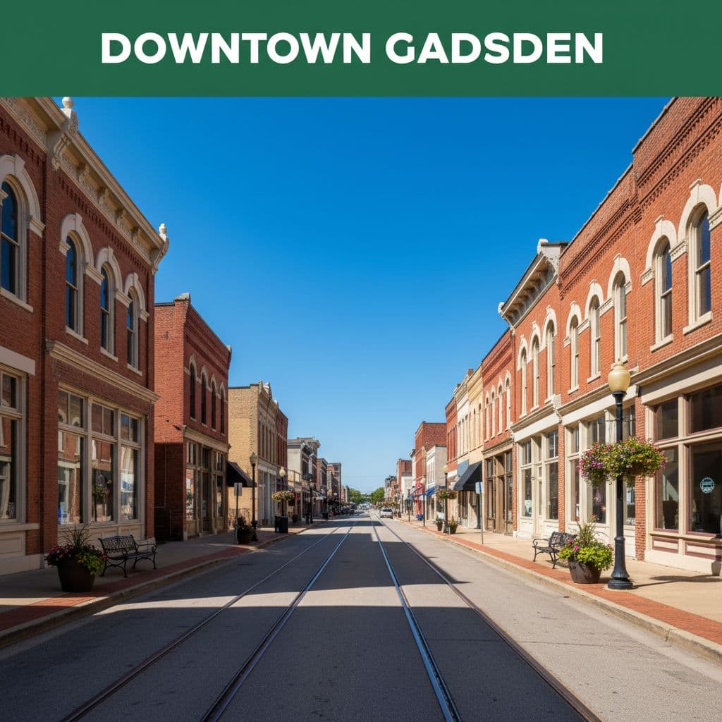 Sunlit historic brick buildings line the wide sidewalk of a quiet downtown street under a clear blue sky. A prominent green banner at the top features bold white modern text.