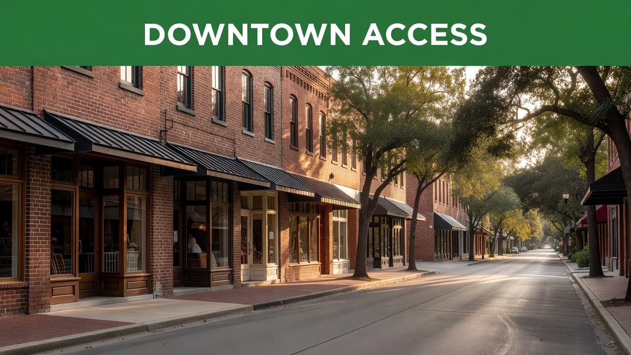 Historic brick storefronts line a quiet street under soft afternoon sunlight. A bold green header bar with white text reads Downtown Access at the top of this charming urban scene.