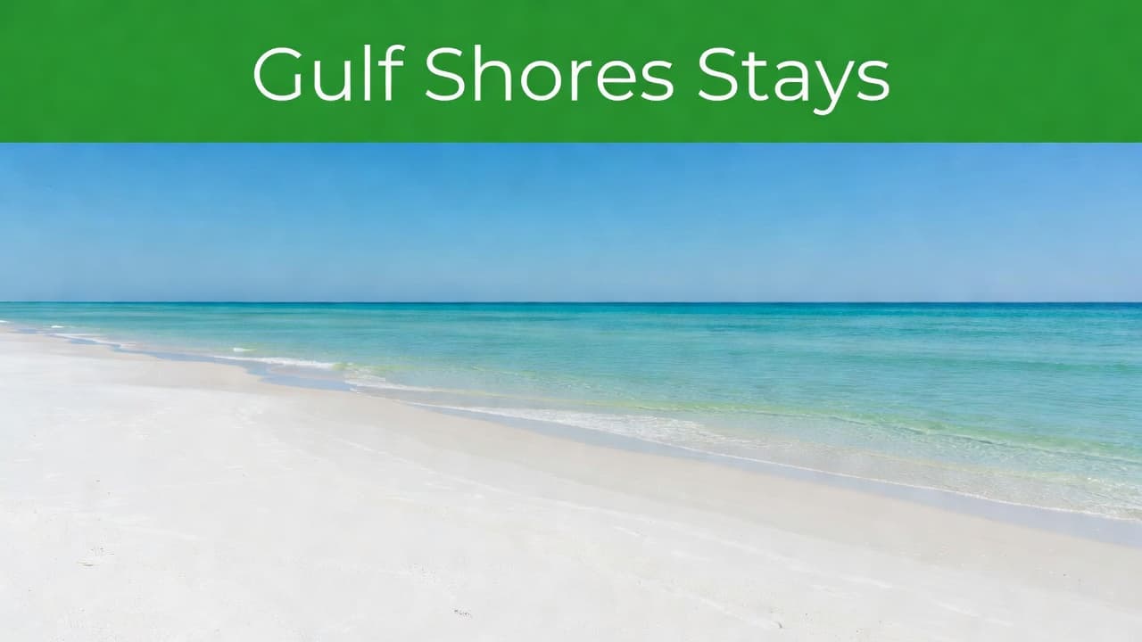 Pristine white sand meets turquoise Gulf of Mexico waters under a clear blue sky. A bold green horizontal bar featuring white text sits prominently at the top of the coastal landscape.