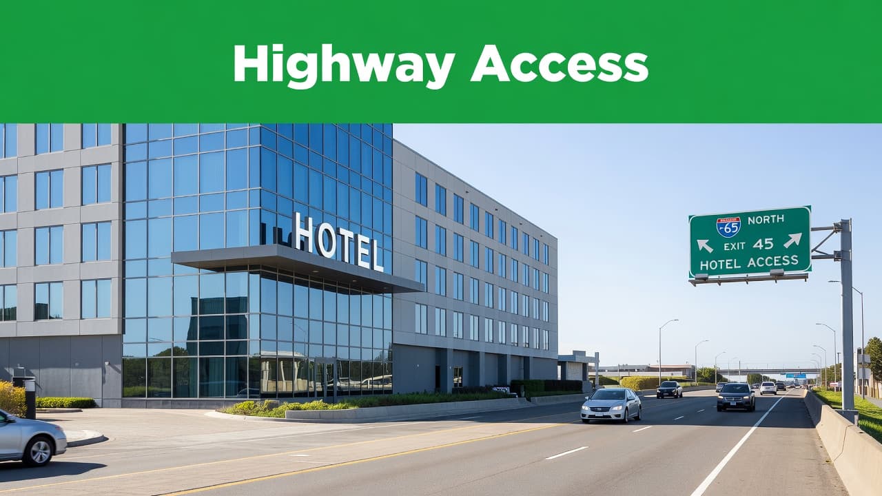 A modern hotel building stands near a busy road, framed by a green highway sign labeled Highway Access. The scene captures a convenient roadside stop along a major transit route.