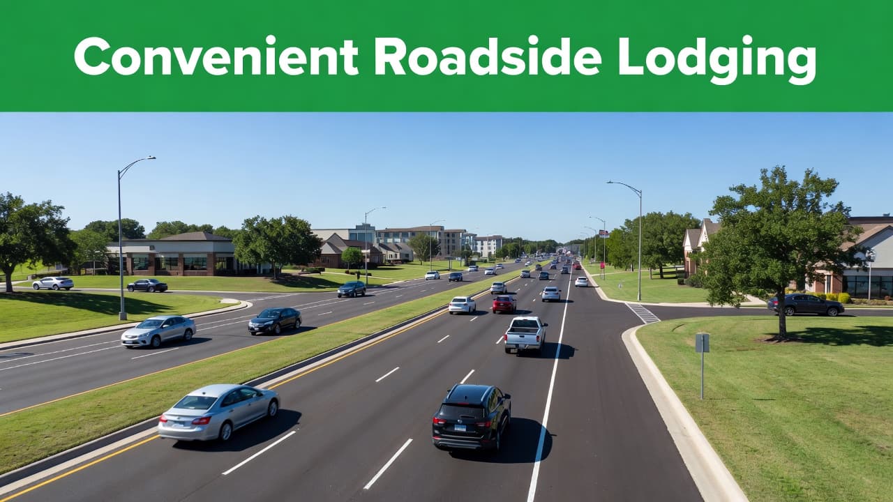 Cars travel along a wide suburban road under a clear blue sky. A prominent green banner across the top displays white text advertising lodging accommodations for travelers near the parkway.