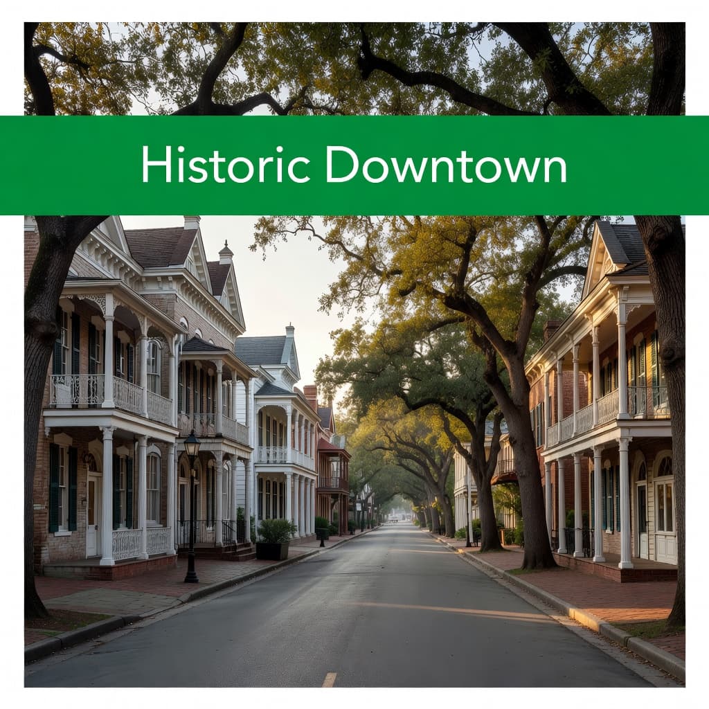 A picturesque street in Eufaula features classic southern architecture shaded by massive oak trees. A bold green header bar spans the top with white text identifying the historic downtown district location.