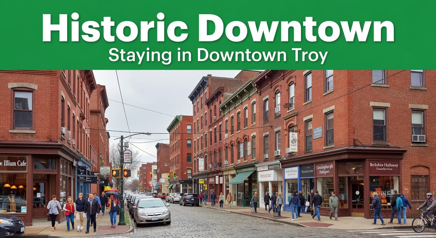 Shoppers walk along a sidewalk lined with preserved brick storefronts featuring large display windows and classic architecture. A distinct green banner spans the top of the frame with bold white lettering.
