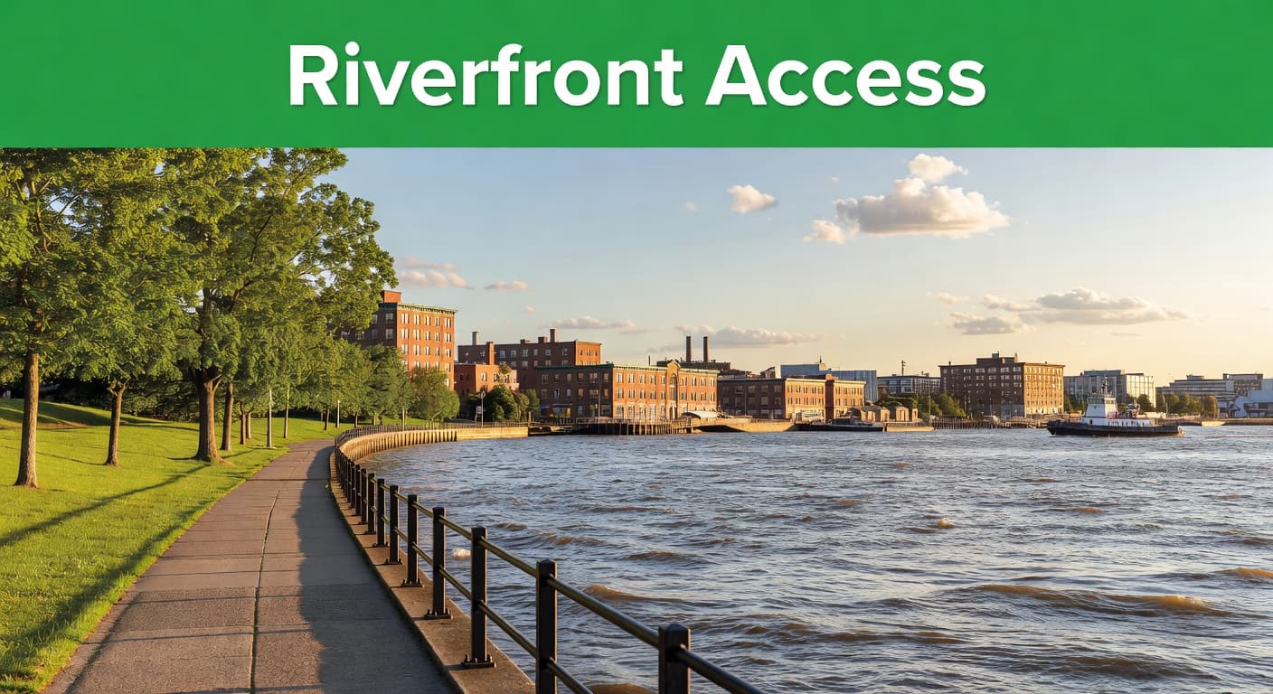 A paved walking path runs along the scenic Hudson River in Troy, featuring lush greenery and a bold green headline band across the top that reads Riverfront Access in white letters.