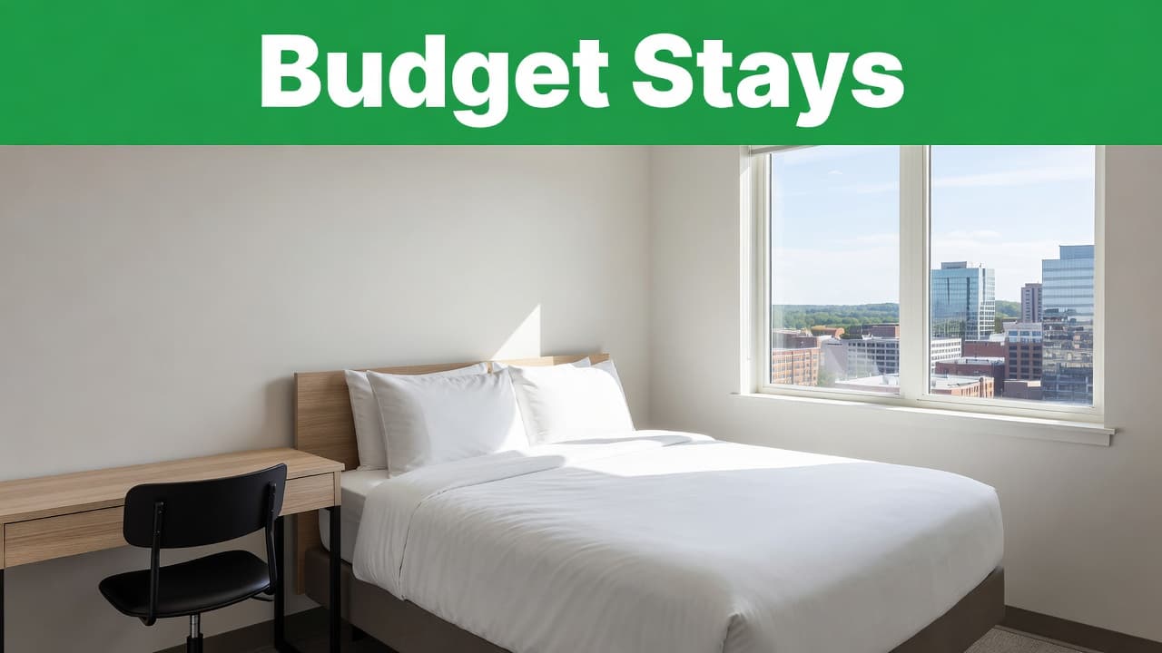 A sunlit hotel room features a crisp bed with white linens and a functional desk placed near a window. A green banner highlights the room at the top of the frame.