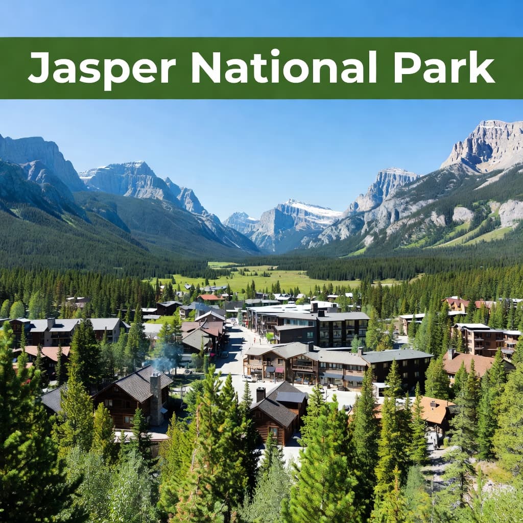 Small buildings sit nestled within a vast valley floor, surrounded by towering jagged peaks and thick evergreen forests. A prominent green banner displays text across the top of this clear sky view.