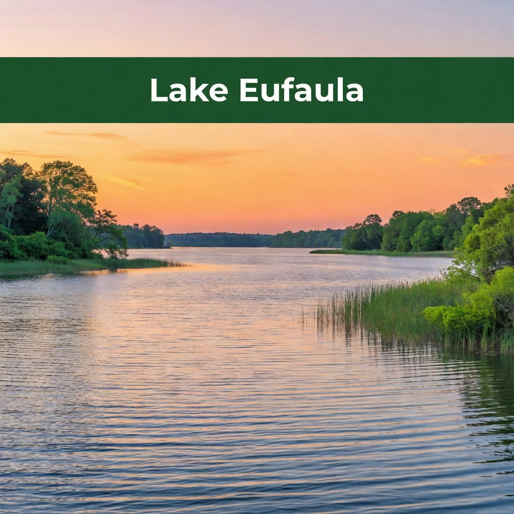 Gentle ripples flow across the vast lake surface during a warm sunset. A prominent green banner featuring clean white text rests at the top, framing the serene outdoor nature scene perfectly.