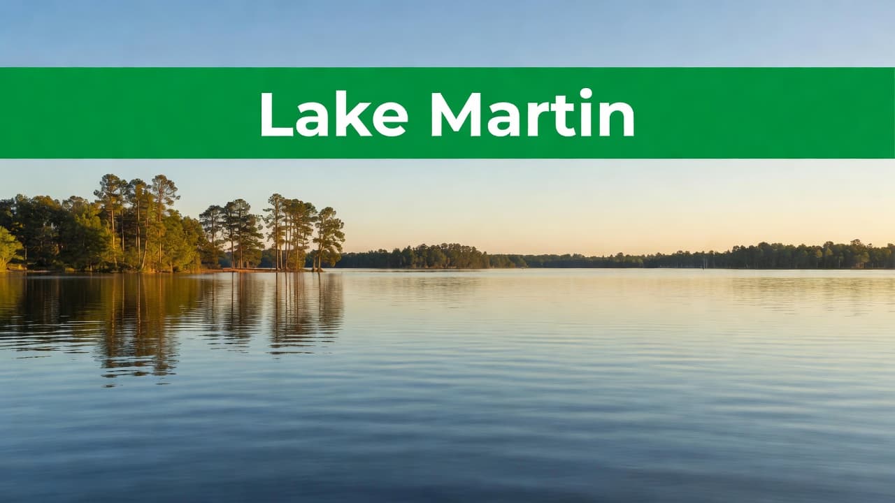 A panoramic view of calm blue water at twilight with distant pine-covered shores. A prominent green horizontal band spans the center, featuring the white text Lake Martin in geometric font.