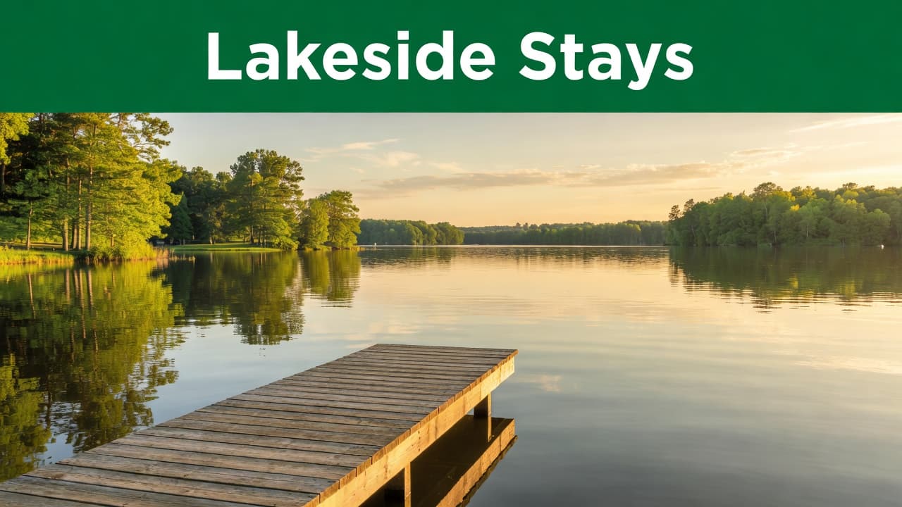 A tranquil lake view features a wooden pier extending into calm, golden water under the setting sun. The top of the frame displays a bold green header with white geometric text.