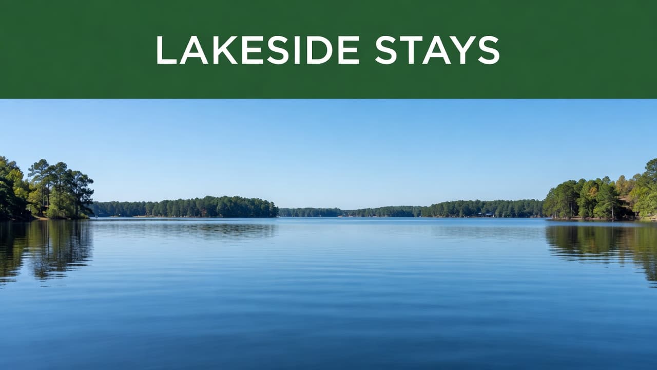 The calm blue water of Logan Martin Lake reflects a clear sky near tree-lined shores. A bold green header bar with white text overlays the top of this serene landscape scene.
