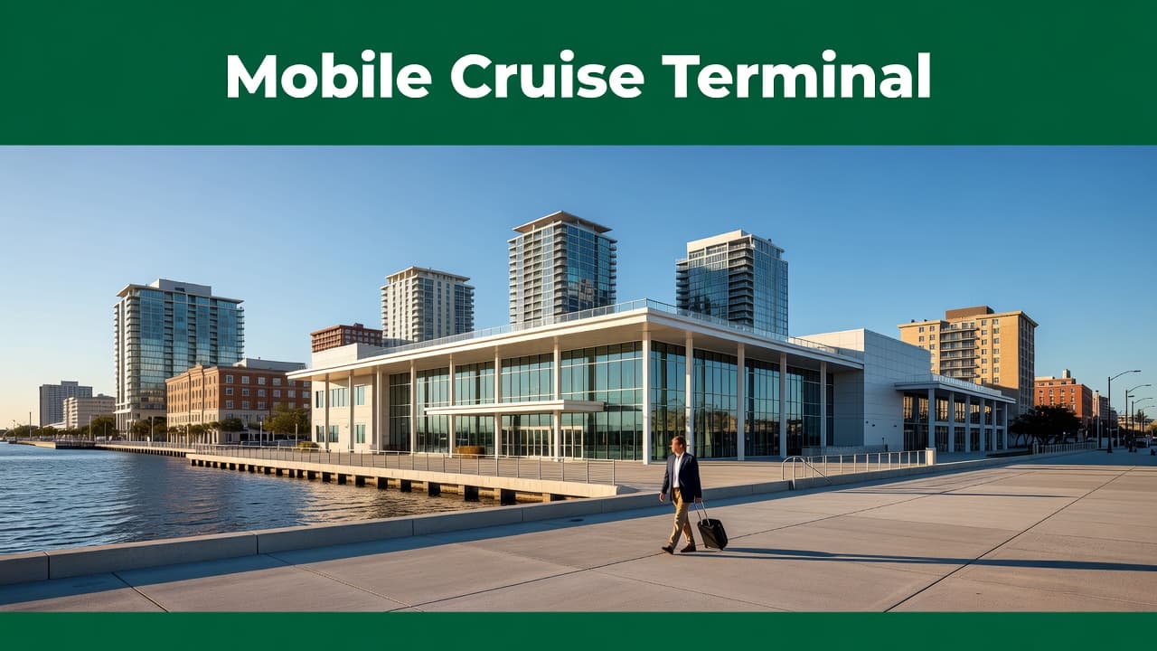 The Mobile cruise terminal building stands prominently along the waterfront, featuring clean architectural lines. Lush green landscaping borders the harbor area as ships dock near the calm downtown riverfront.