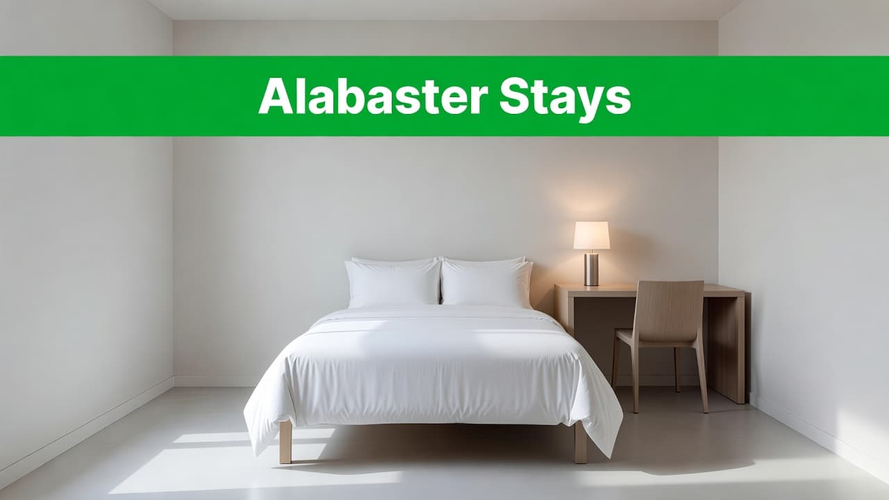 A crisp white bed sits neatly next to a sleek wooden desk and a minimalist table lamp. A prominent green banner across the top displays the Alabaster Stays branding clearly.