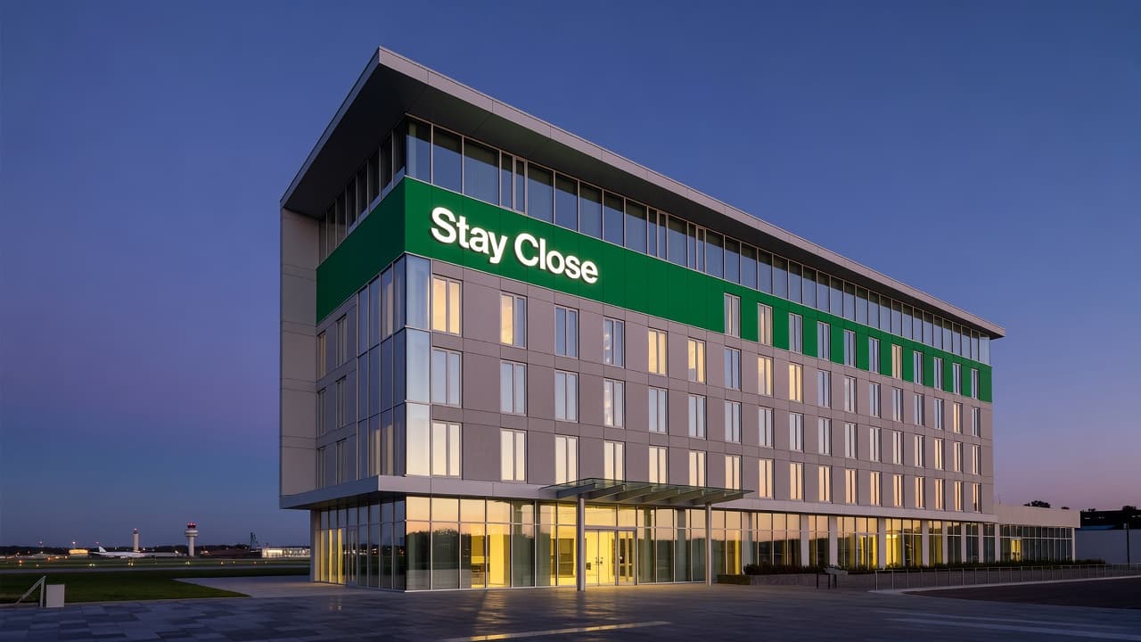 A sleek, contemporary hotel building glows under a twilight sky with illuminated windows. A horizontal green band at the roofline features bold white text welcoming guests to this professional establishment.
