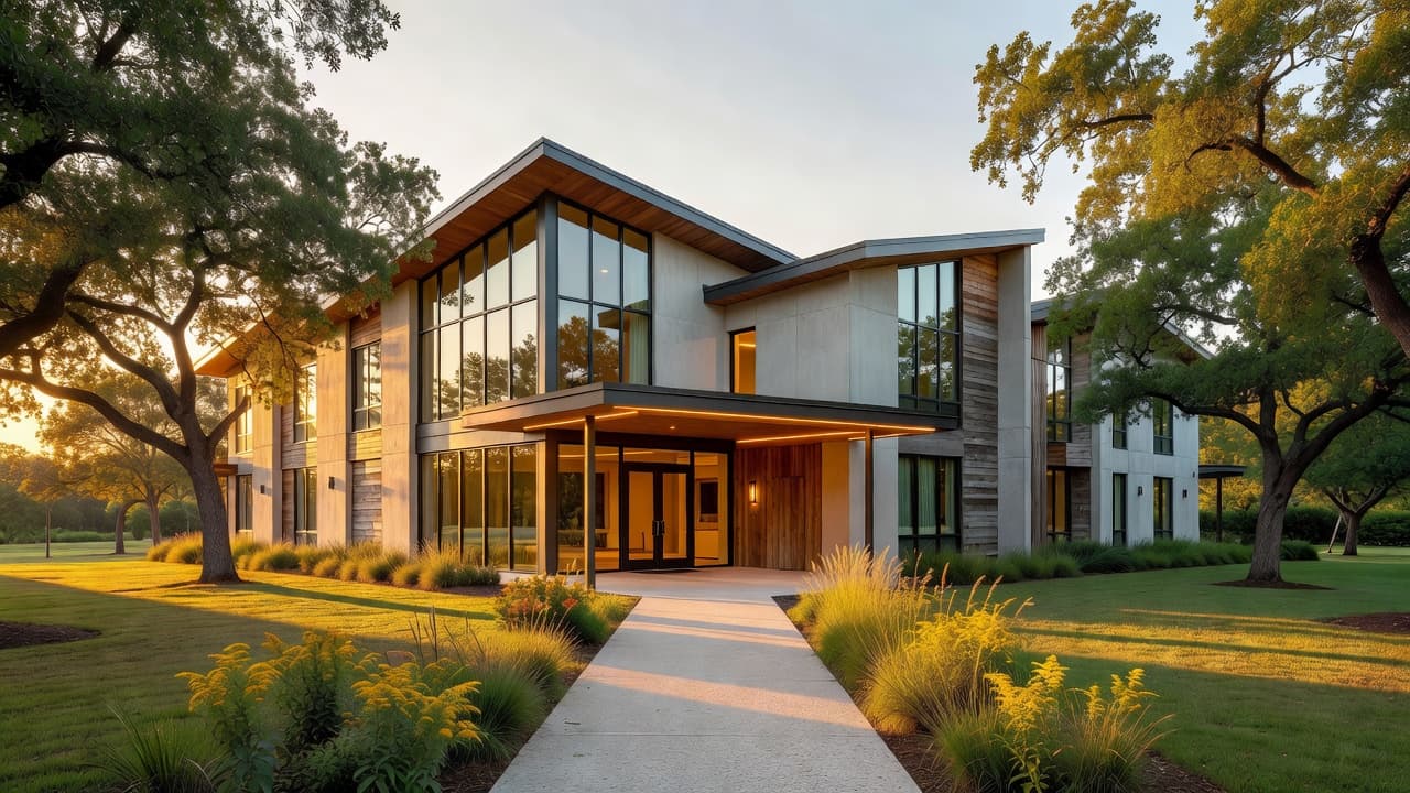 The boutique hotel features clean architectural lines and a warm, inviting entrance glowing under the soft golden hour light. Perfectly manicured greenery frames the stone walkway leading toward the main door.